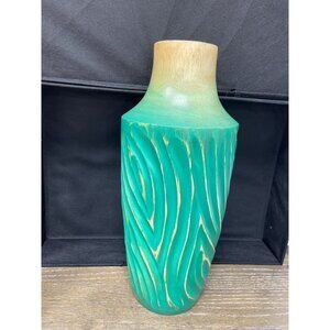 Decor Art Hand carved & painted teal gold tall wooden vase SKU 9620
